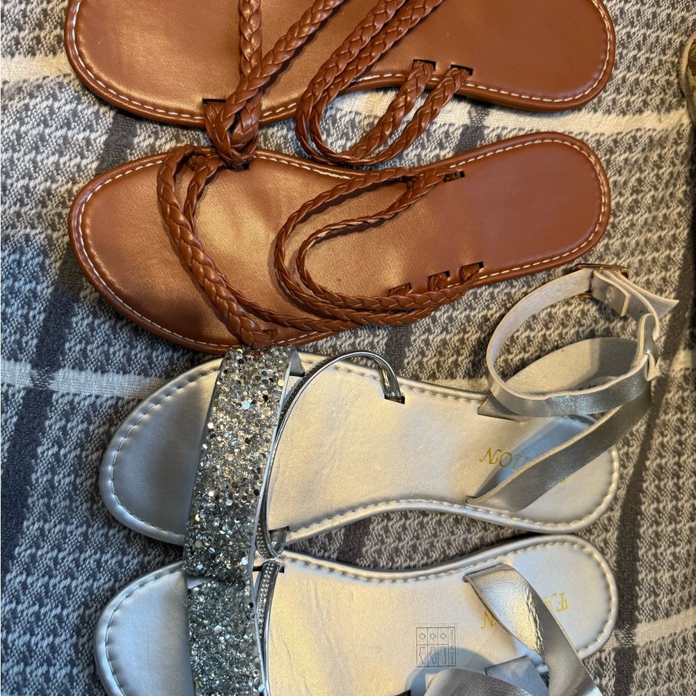 Brown Braided Sandals and Silver Glitter Sandals